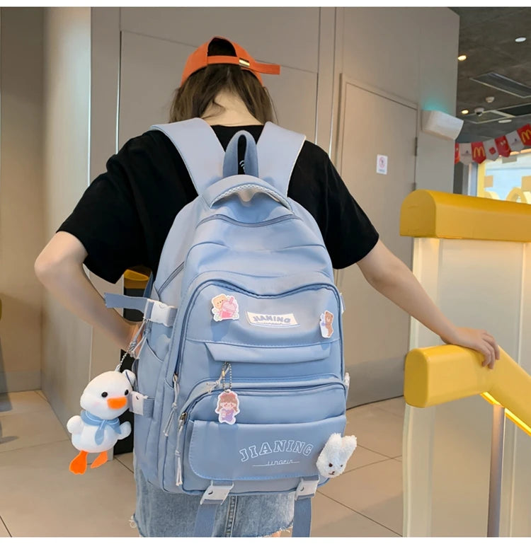 Cute Cartoon School Backpack for Girls Large Capacity with Plush Decorations Ideal for Daily Use