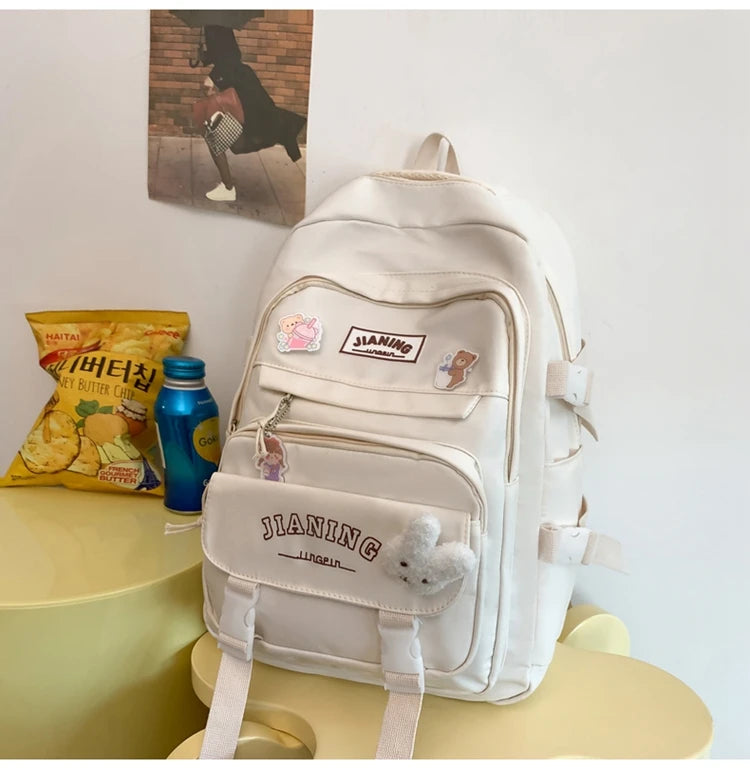 Cute Cartoon School Backpack for Girls Large Capacity with Plush Decorations Ideal for Daily Use