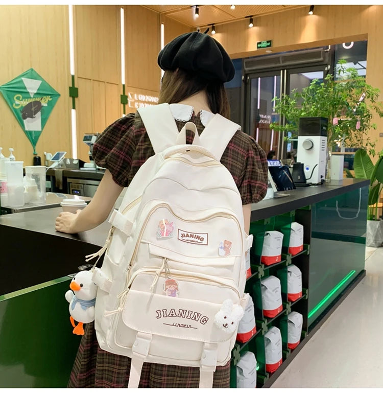 Cute Cartoon School Backpack for Girls Large Capacity with Plush Decorations Ideal for Daily Use