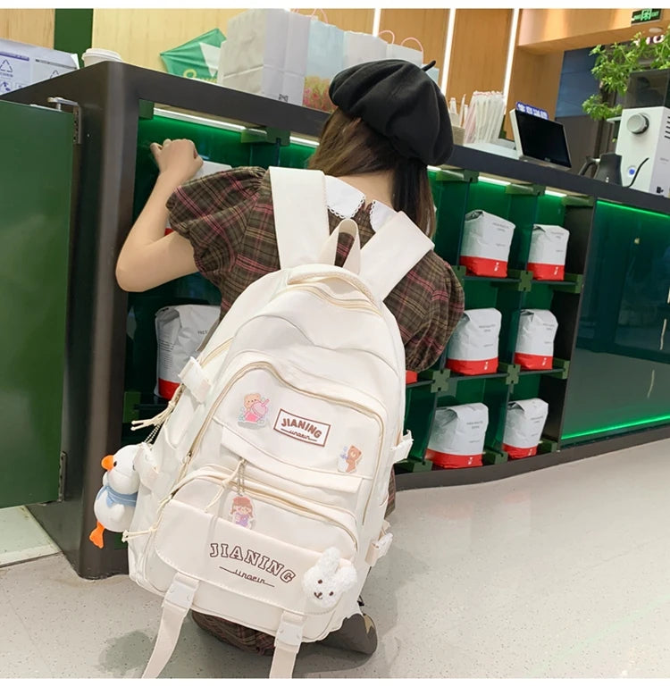 Cute Cartoon School Backpack for Girls Large Capacity with Plush Decorations Ideal for Daily Use