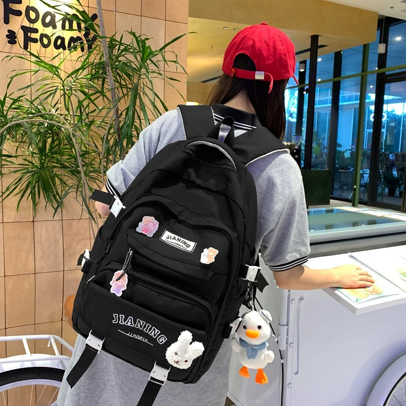 Cute Cartoon School Backpack for Girls Large Capacity with Plush Decorations Ideal for Daily Use