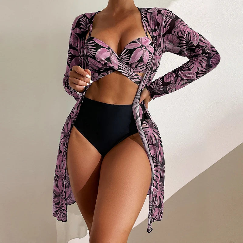 2025 Three Pieces Bikini Set Cover Up Swimwear Women Swimsuit Print Long Sleeve Push Up Bathing Suit Beachwear Swimming Biquini