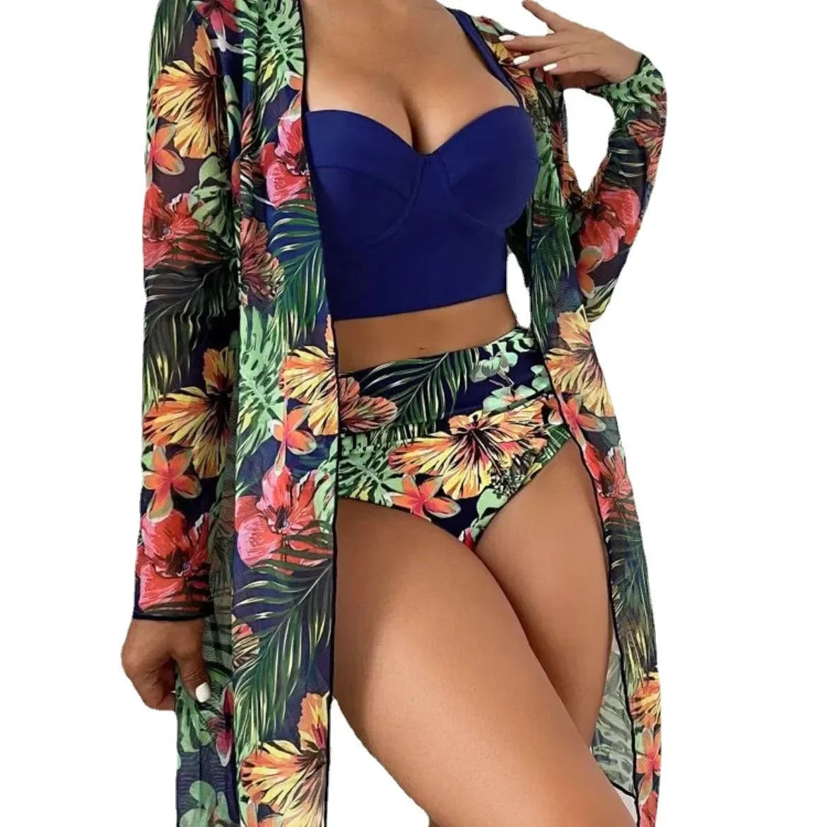 Plant Flower Print Bikini Three-piece Set Sunscreen Cover up Cross-Border Swimsuit Women's Fashion Swimwear from China