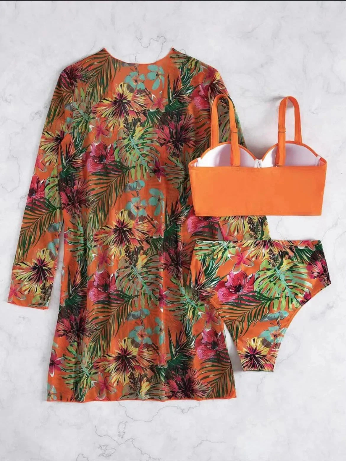 Plant Flower Print Bikini Three-piece Set Sunscreen Cover up Cross-Border Swimsuit Women's Fashion Swimwear from China