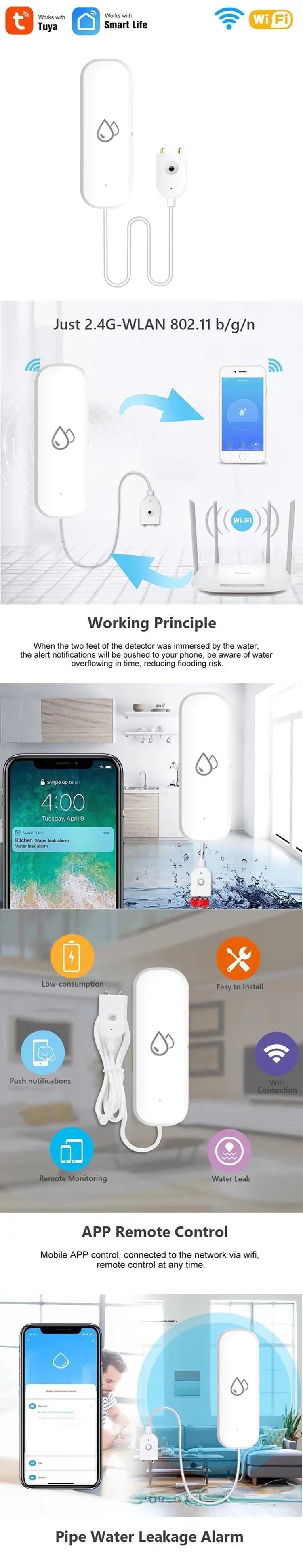 Tuya Smart WIFI Water Leakage Sensor Alarm Water Level Detector Flood Leakage Sensor APP Remote Control Security Alarm System