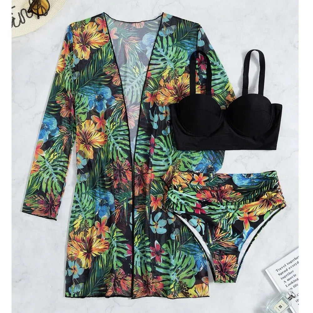 2025 Three Pieces Bikini Set Cover Up Swimwear Women Swimsuit Print Long Sleeve Push Up Bathing Suit Beachwear Swimming Biquini
