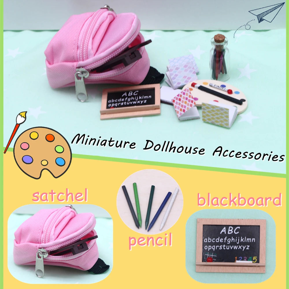 Mini Doll School Supplies Dollhouse Simulation Cutting Mat Ruler Schoolbag Books Pencil Pen Blackboard Holder Learning Props