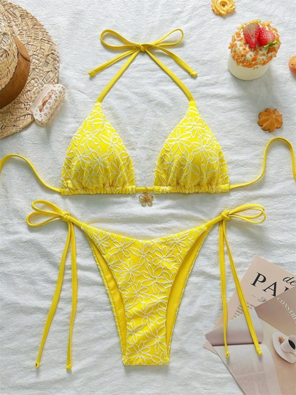 Para Praia Thong Swimsuit Women Halter Micro Bikini Set 2025 Floral Swimwear Brazilian Bathing Suit Beachwear