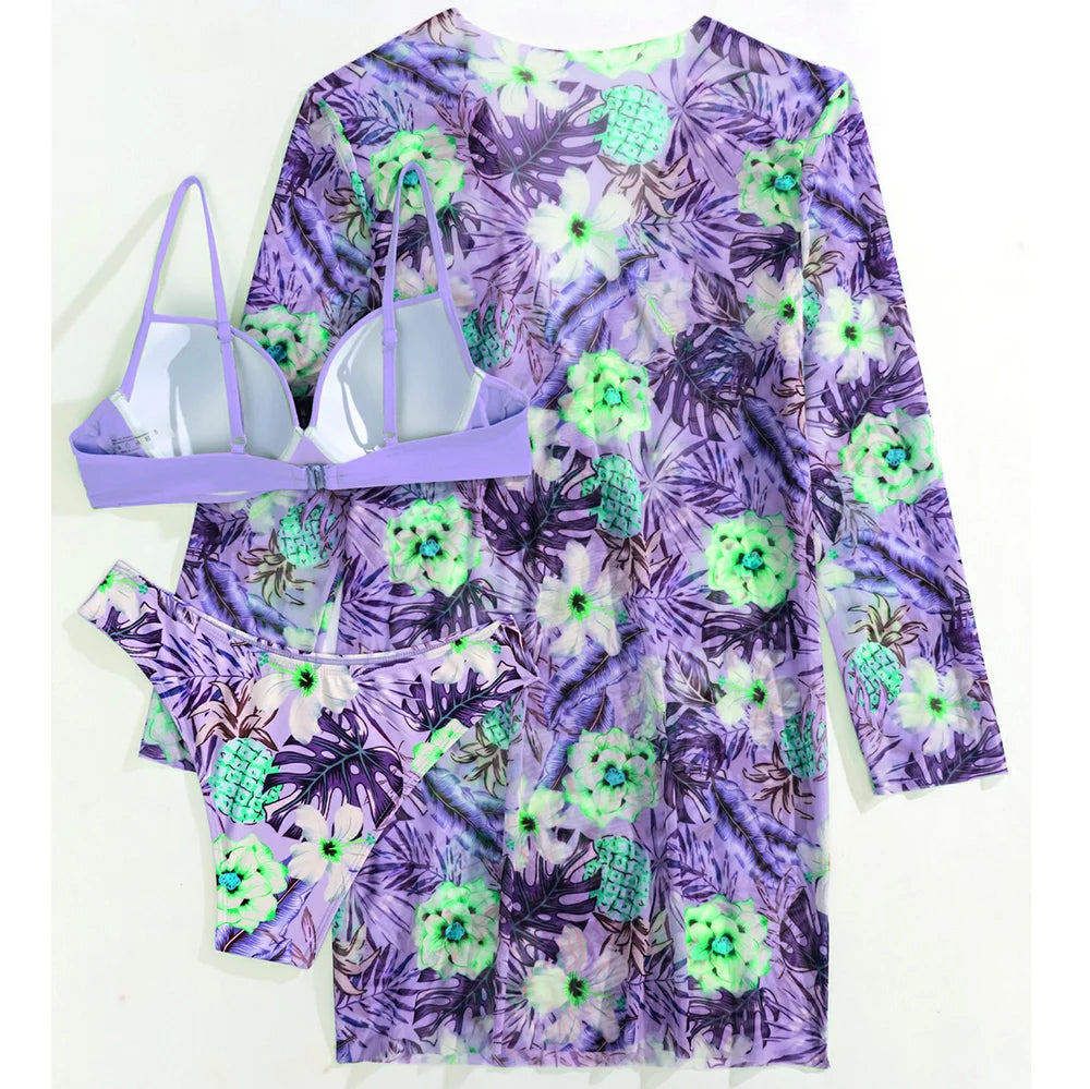 2025 Three Pieces Bikini Set Cover Up Swimwear Women Swimsuit Print Long Sleeve Push Up Bathing Suit Beachwear Swimming Biquini