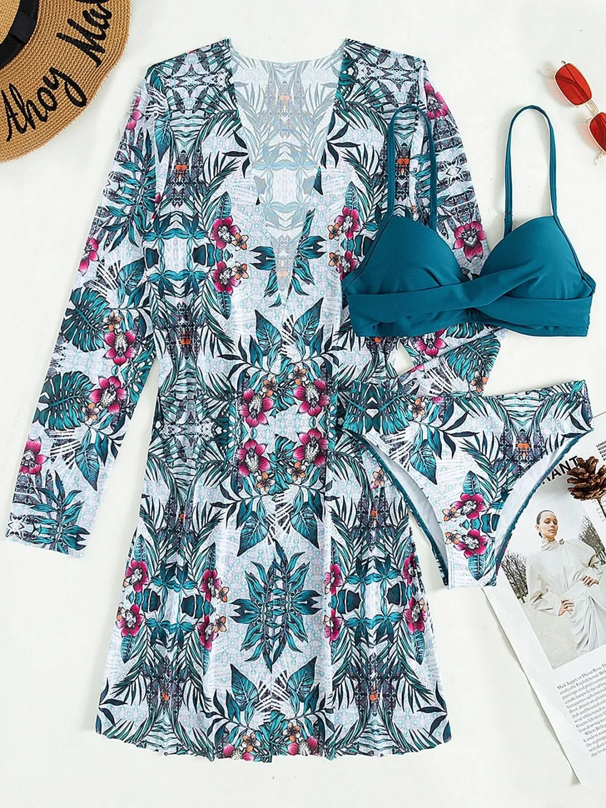 3 Pieces Push Up Bikinis 2025 Women With Kimono Beach Printed Swimsuit Sexy Swimwear Female Bathers Bathing Swimming Swim Suit