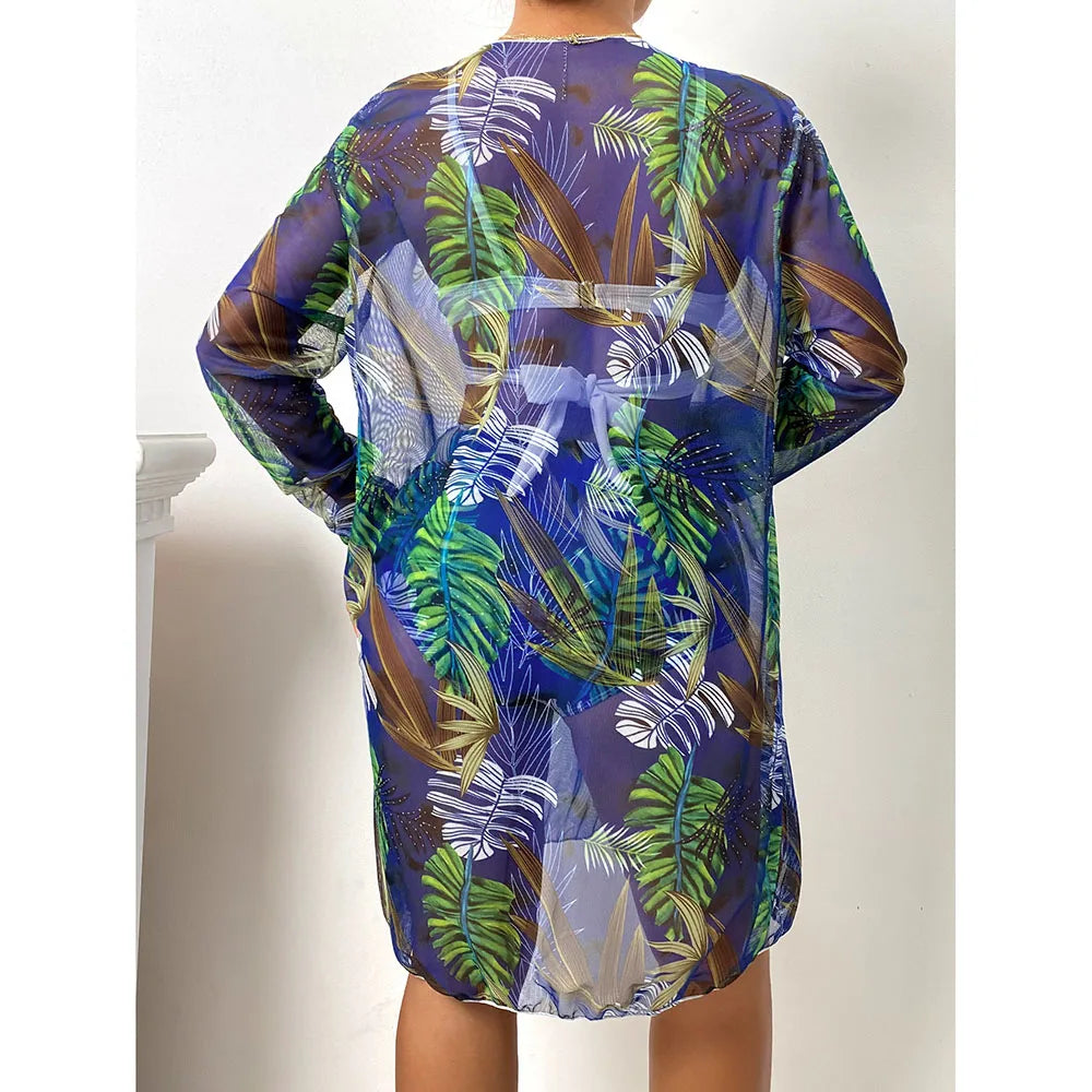 2025 Three Pieces Bikini Set Cover Up Swimwear Women Swimsuit Print Long Sleeve Push Up Bathing Suit Beachwear Swimming Biquini