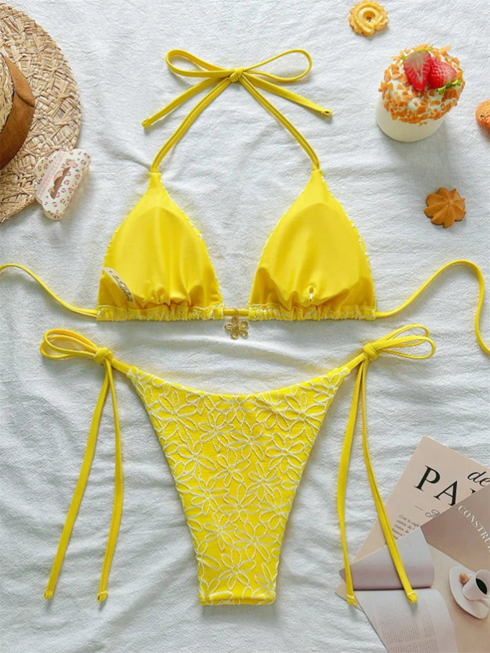 Para Praia Thong Swimsuit Women Halter Micro Bikini Set 2025 Floral Swimwear Brazilian Bathing Suit Beachwear