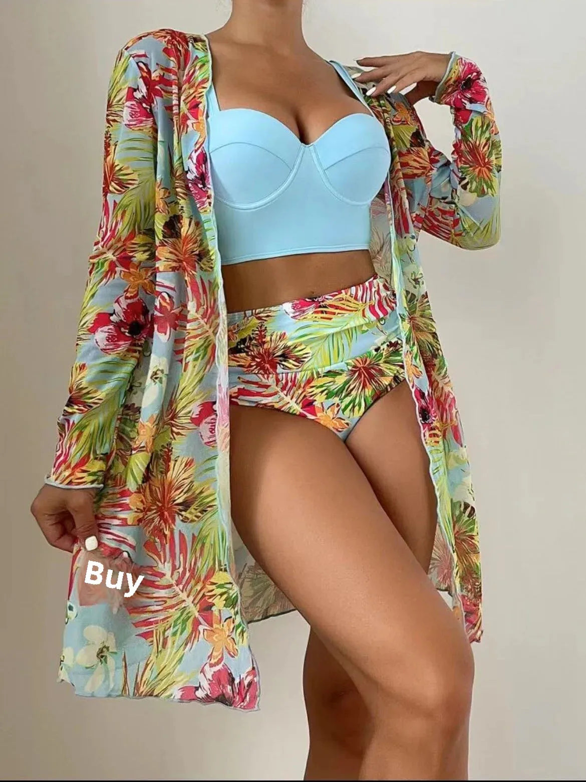 Plant Flower Print Bikini Three-piece Set Sunscreen Cover up Cross-Border Swimsuit Women's Fashion Swimwear from China
