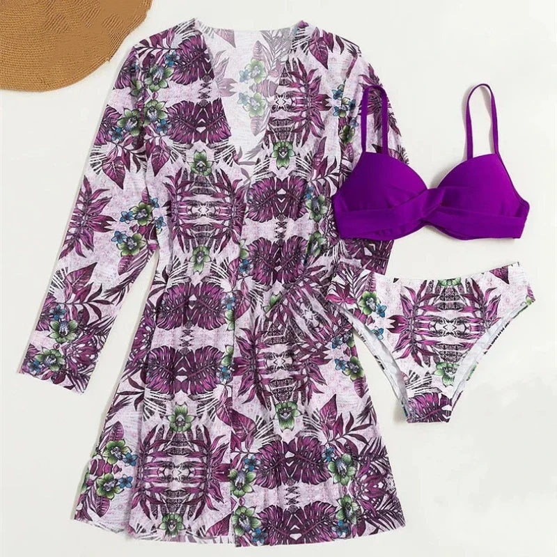 2025 Women's 3 Pieces Swimsuit Floral Print Bikini Set+Long Sleeve Cover-Up Swimwear Sexy Low Waist Push Up Tankinis Beachwear