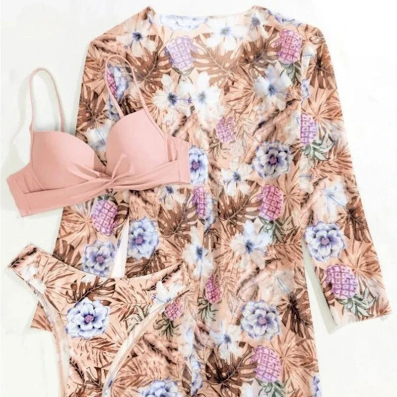 2025 Women's 3 Pieces Swimsuit Floral Print Bikini Set+Long Sleeve Cover-Up Swimwear Sexy Low Waist Push Up Tankinis Beachwear