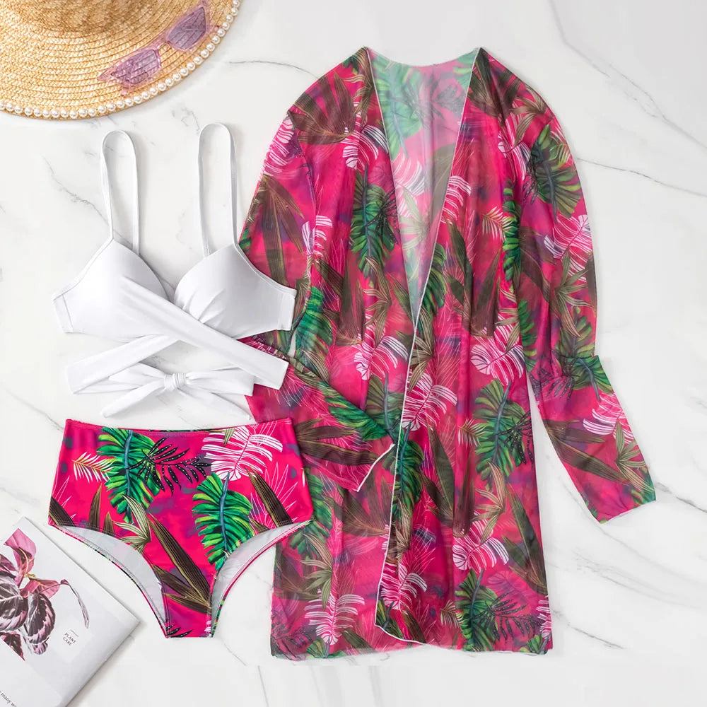 2025 Three Pieces Bikini Set Cover Up Swimwear Women Swimsuit Print Long Sleeve Push Up Bathing Suit Beachwear Swimming Biquini