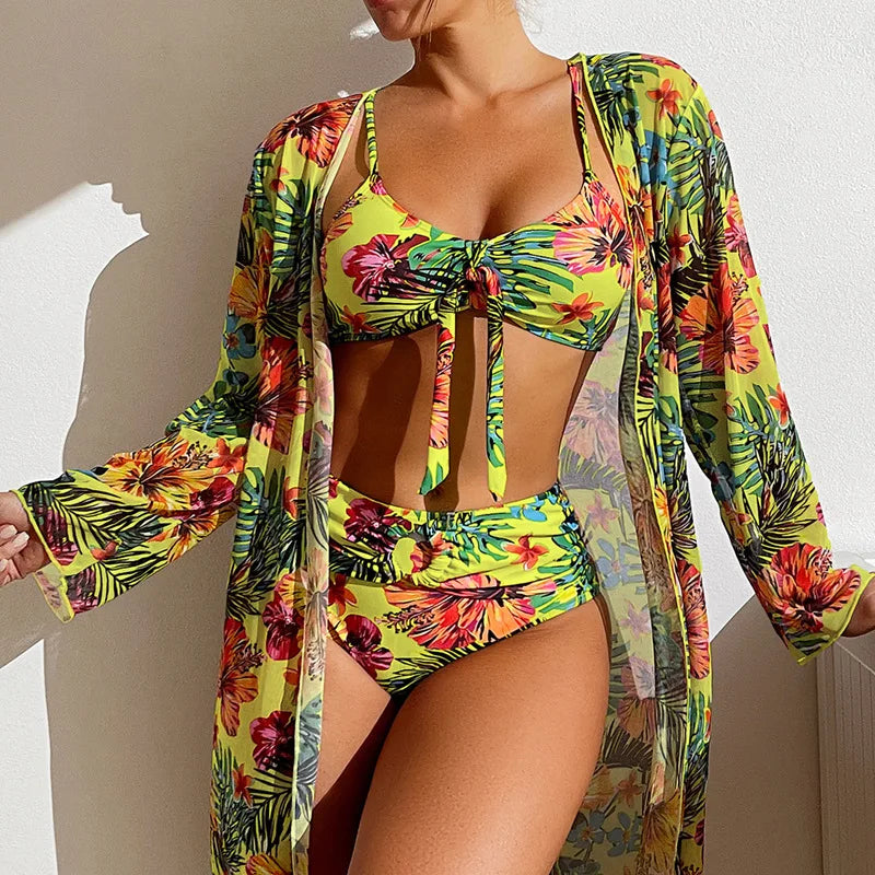 2025 Three Pieces Bikini Set Cover Up Swimwear Women Swimsuit Print Long Sleeve Push Up Bathing Suit Beachwear Swimming Biquini