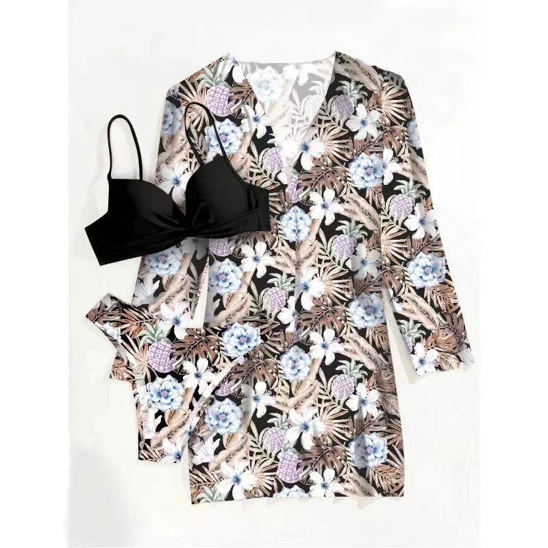 2025 Women's 3 Pieces Swimsuit Floral Print Bikini Set+Long Sleeve Cover-Up Swimwear Sexy Low Waist Push Up Tankinis Beachwear