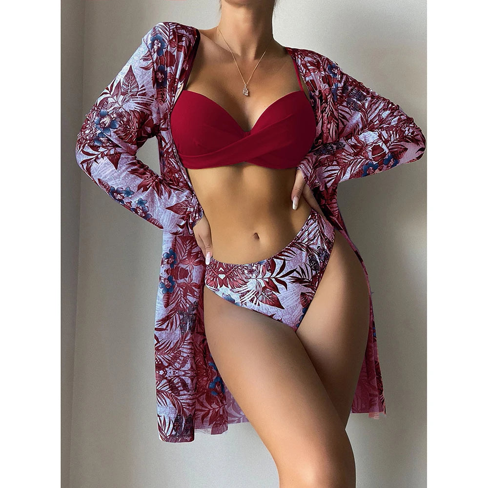 2025 Three Pieces Bikini Set Cover Up Swimwear Women Swimsuit Print Long Sleeve Push Up Bathing Suit Beachwear Swimming Biquini