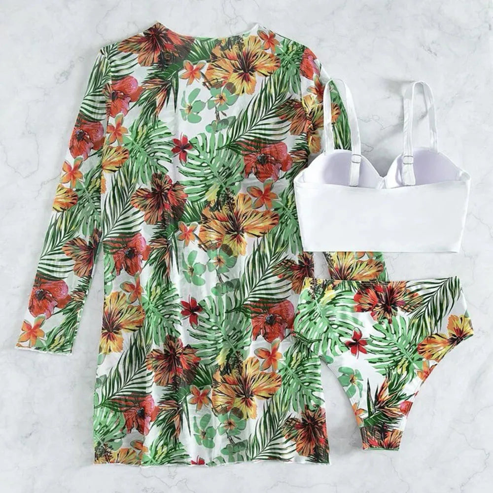 2025 Three Pieces Bikini Set Cover Up Swimwear Women Swimsuit Print Long Sleeve Push Up Bathing Suit Beachwear Swimming Biquini