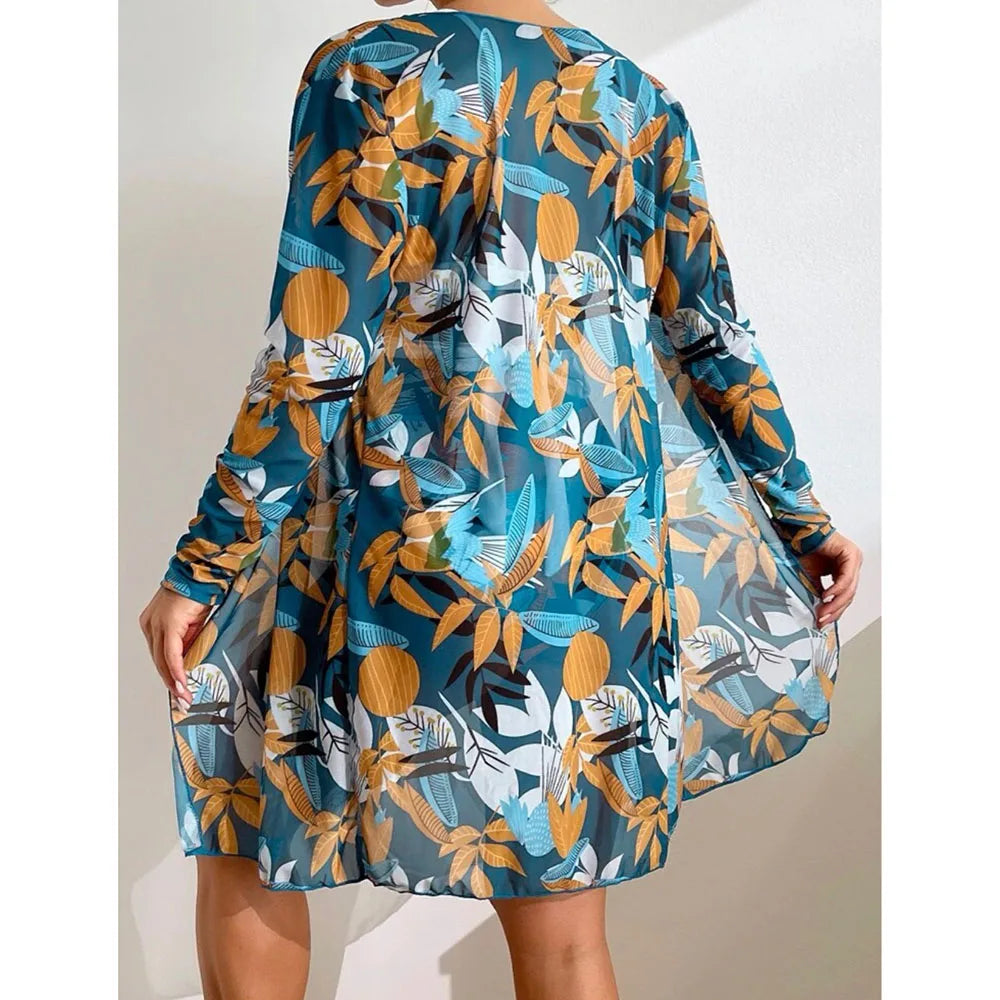 2025 Three Pieces Bikini Set Cover Up Swimwear Women Swimsuit Print Long Sleeve Push Up Bathing Suit Beachwear Swimming Biquini