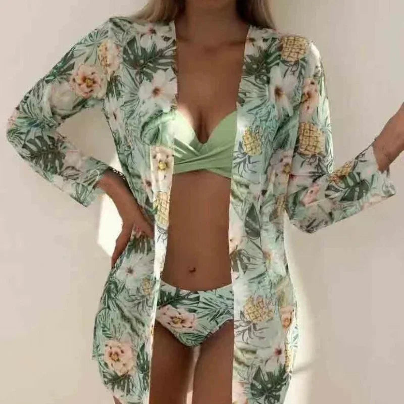 2025 Women's 3 Pieces Swimsuit Floral Print Bikini Set+Long Sleeve Cover-Up Swimwear Sexy Low Waist Push Up Tankinis Beachwear