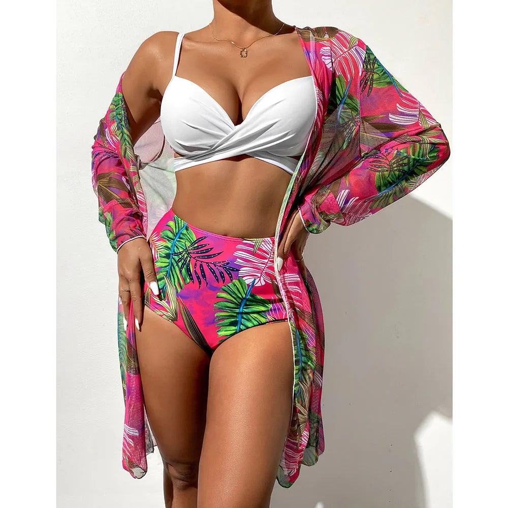 2025 Three Pieces Bikini Set Cover Up Swimwear Women Swimsuit Print Long Sleeve Push Up Bathing Suit Beachwear Swimming Biquini