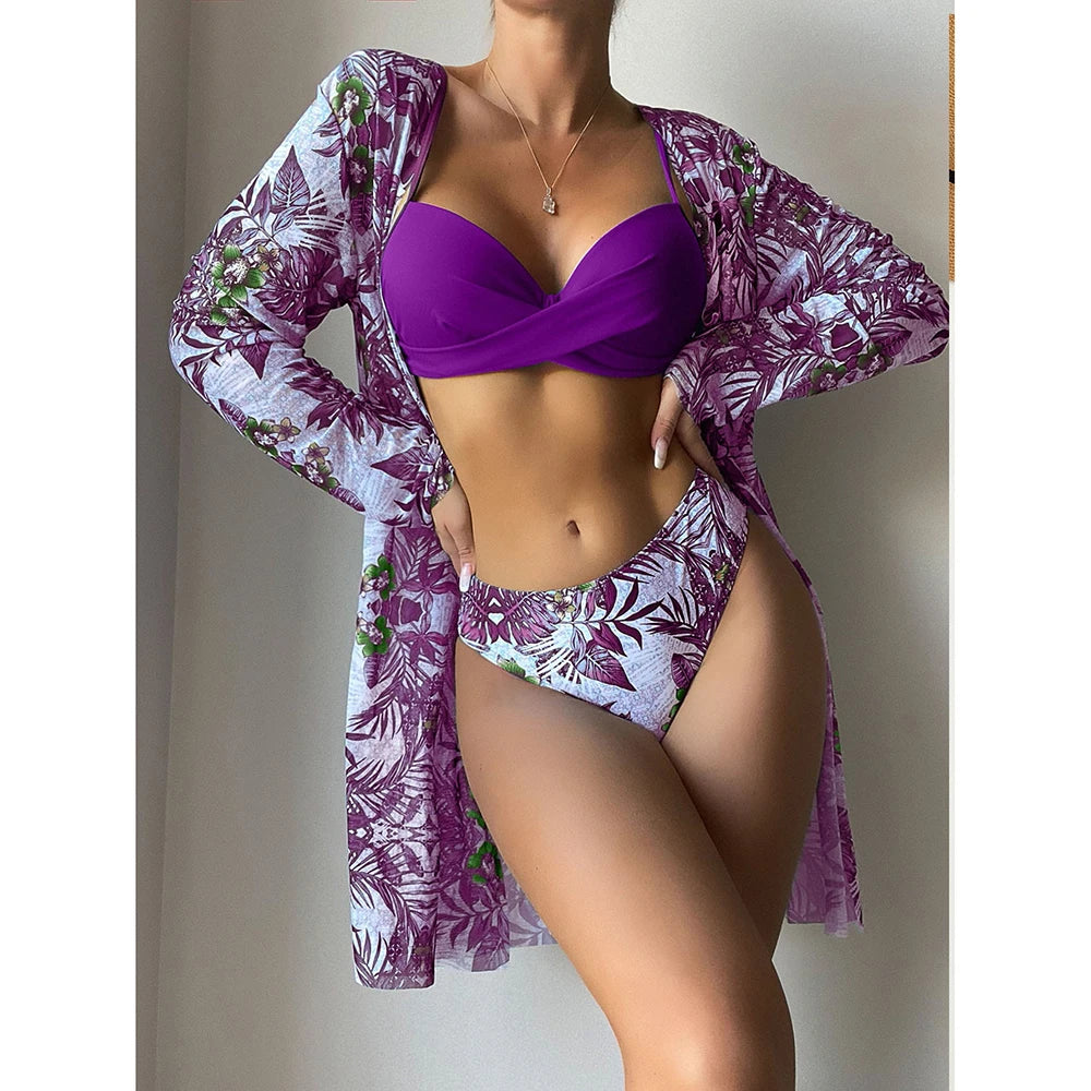 2025 Three Pieces Bikini Set Cover Up Swimwear Women Swimsuit Print Long Sleeve Push Up Bathing Suit Beachwear Swimming Biquini
