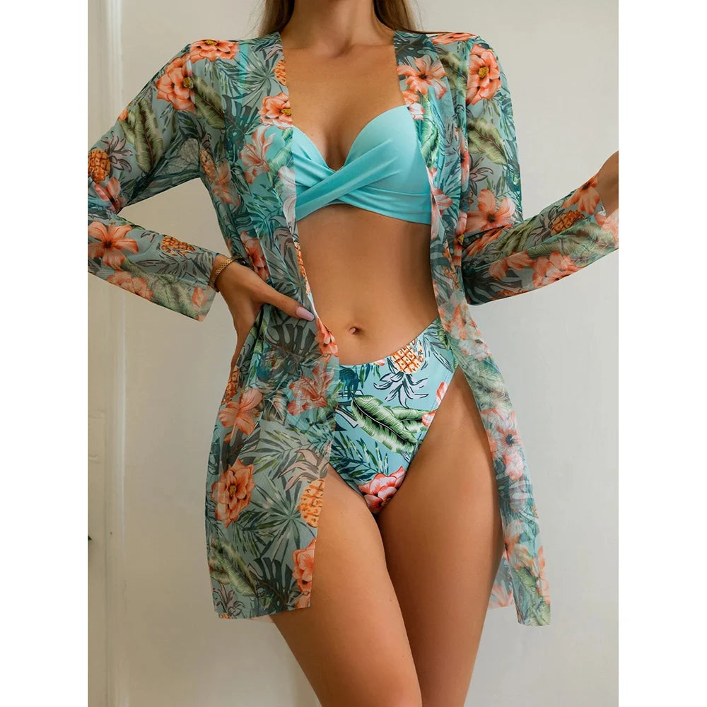 2025 Three Pieces Bikini Set Cover Up Swimwear Women Swimsuit Print Long Sleeve Push Up Bathing Suit Beachwear Swimming Biquini