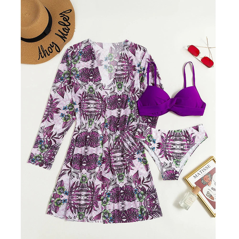 2025 Three Pieces Bikini Set Cover Up Swimwear Women Swimsuit Print Long Sleeve Push Up Bathing Suit Beachwear Swimming Biquini