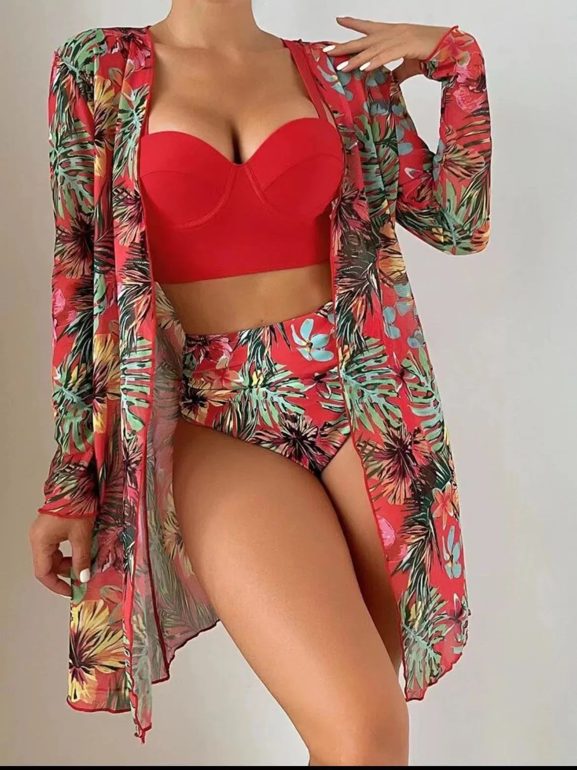 Plant Flower Print Bikini Three-piece Set Sunscreen Cover up Cross-Border Swimsuit Women's Fashion Swimwear from China