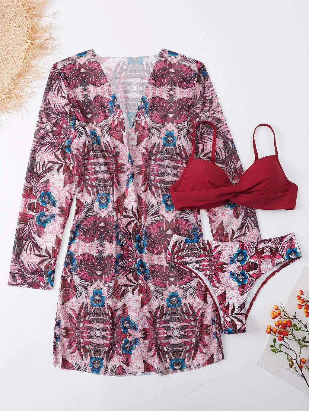 3 Pieces Push Up Bikinis 2025 Women With Kimono Beach Printed Swimsuit Sexy Swimwear Female Bathers Bathing Swimming Swim Suit