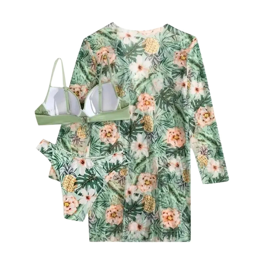 Sexy High Waisted Bikini 3 Pieces Floral Printed Swimsuit Size 3XL-S Women Bikini Set With Mesh Long-Sleeved Blouse Super Sales