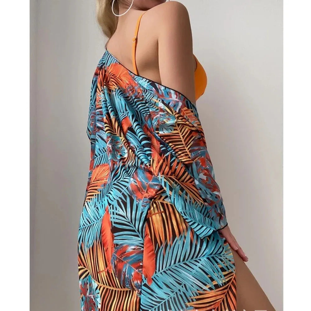 2025 Three Pieces Bikini Set Cover Up Swimwear Women Swimsuit Print Long Sleeve Push Up Bathing Suit Beachwear Swimming Biquini