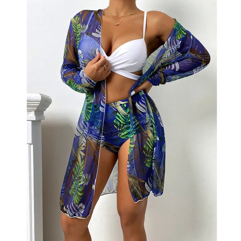 2025 Three Pieces Bikini Set Cover Up Swimwear Women Swimsuit Print Long Sleeve Push Up Bathing Suit Beachwear Swimming Biquini