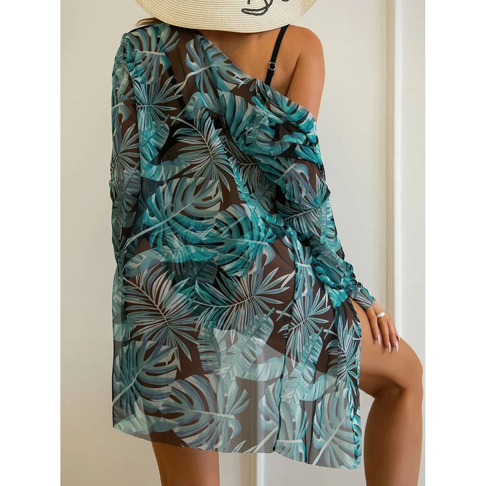 2025 Three Pieces Bikini Set Cover Up Swimwear Women Swimsuit Print Long Sleeve Push Up Bathing Suit Beachwear Swimming Biquini