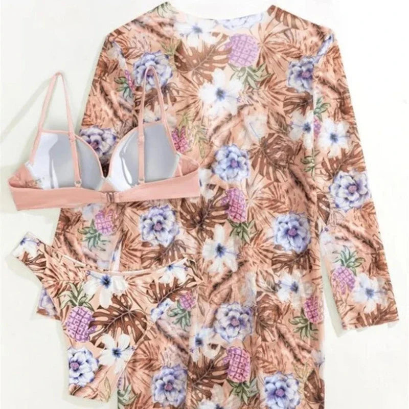 2025 Women's 3 Pieces Swimsuit Floral Print Bikini Set+Long Sleeve Cover-Up Swimwear Sexy Low Waist Push Up Tankinis Beachwear