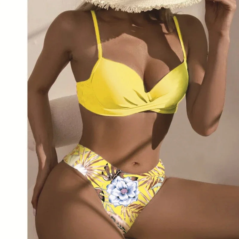 2025 Women's 3 Pieces Swimsuit Floral Print Bikini Set+Long Sleeve Cover-Up Swimwear Sexy Low Waist Push Up Tankinis Beachwear