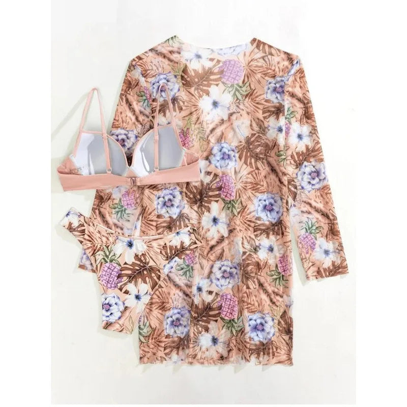 2025 Three Pieces Bikini Set Cover Up Swimwear Women Swimsuit Print Long Sleeve Push Up Bathing Suit Beachwear Swimming Biquini