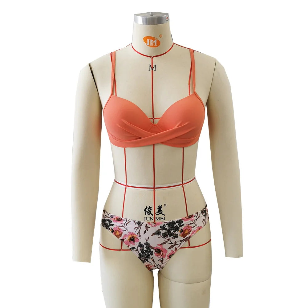 2025 Three Pieces Bikini Set Cover Up Swimwear Women Swimsuit Print Long Sleeve Push Up Bathing Suit Beachwear Swimming Biquini