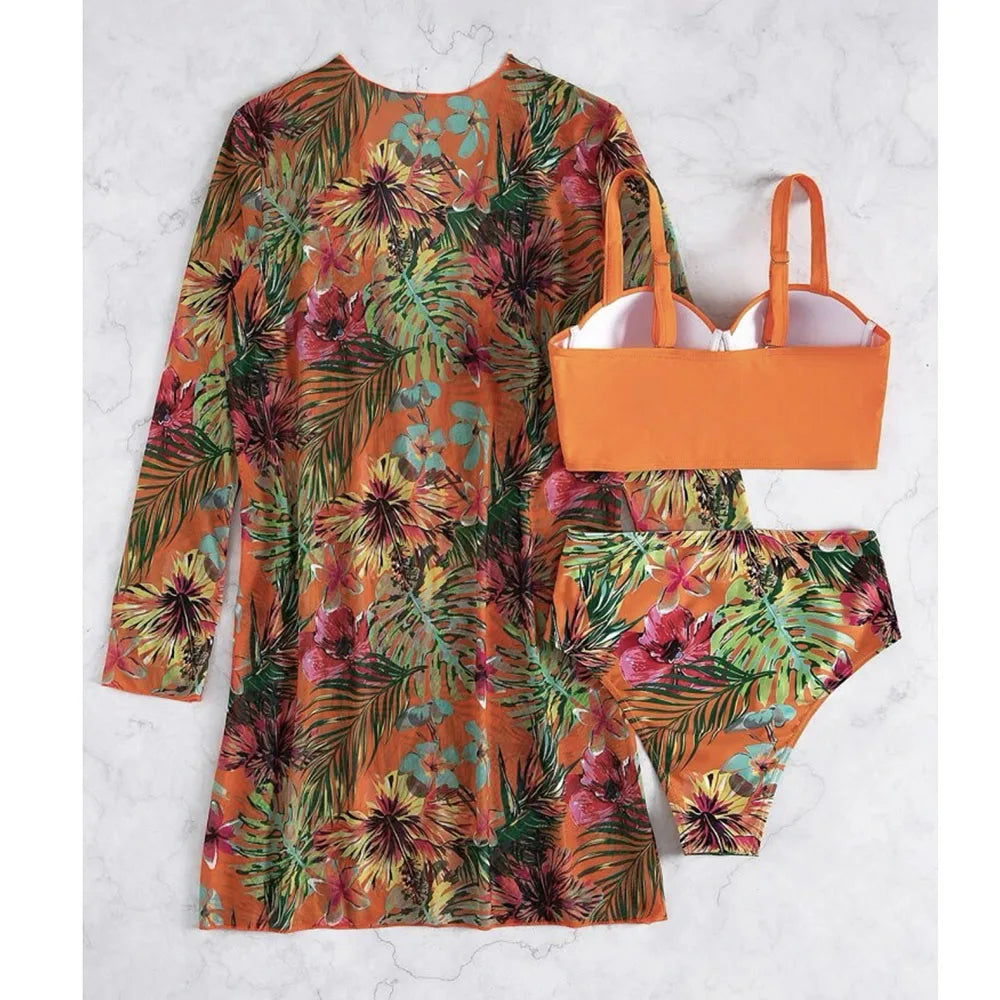 2025 Three Pieces Bikini Set Cover Up Swimwear Women Swimsuit Print Long Sleeve Push Up Bathing Suit Beachwear Swimming Biquini