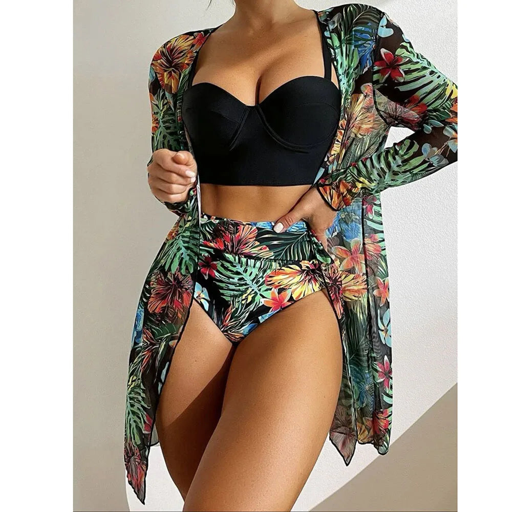 2025 Three Pieces Bikini Set Cover Up Swimwear Women Swimsuit Print Long Sleeve Push Up Bathing Suit Beachwear Swimming Biquini