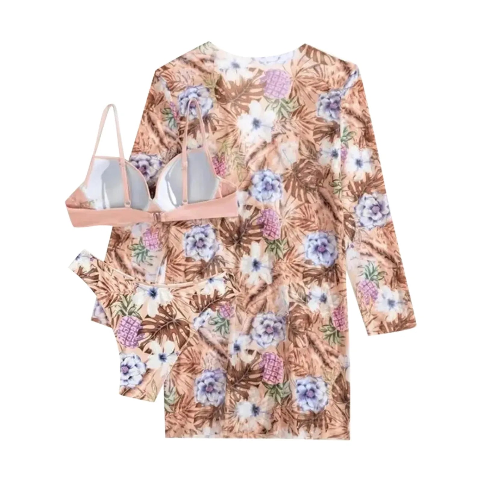 Sexy High Waisted Bikini 3 Pieces Floral Printed Swimsuit Size 3XL-S Women Bikini Set With Mesh Long-Sleeved Blouse Super Sales