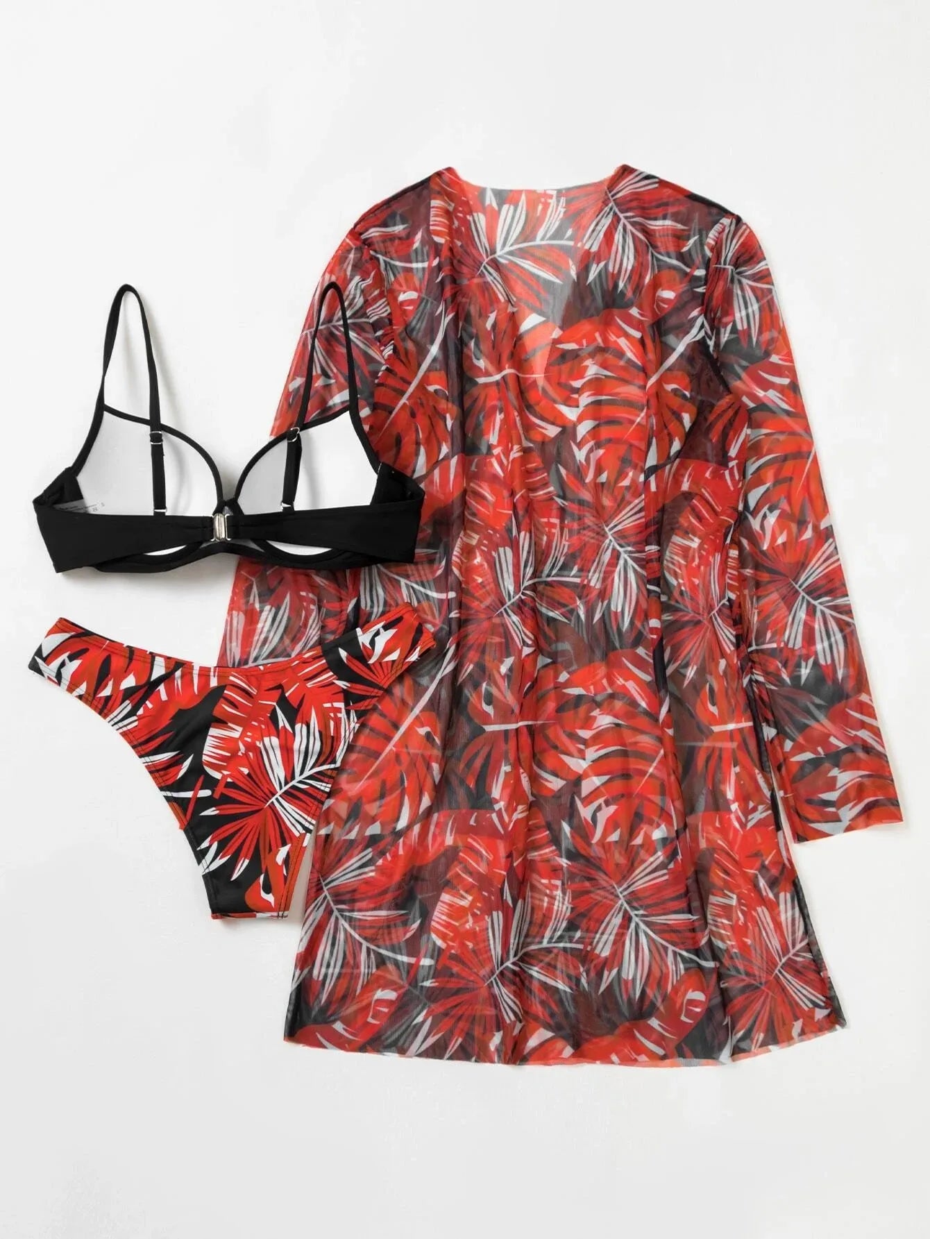 2025 Three Pieces Bikini Set Cover Up Swimwear Women Swimsuit Print Long Sleeve Push Up Bathing Suit Beachwear Swimming Biquini