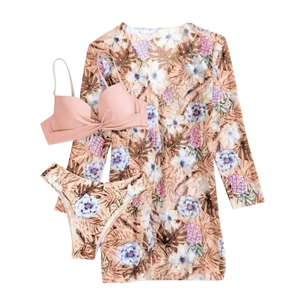 Sexy High Waisted Bikini 3 Pieces Floral Printed Swimsuit Size 3XL-S Women Bikini Set With Mesh Long-Sleeved Blouse Super Sales