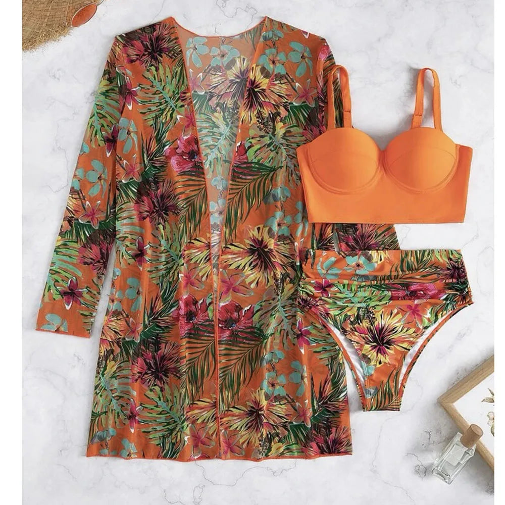 2025 Three Pieces Bikini Set Cover Up Swimwear Women Swimsuit Print Long Sleeve Push Up Bathing Suit Beachwear Swimming Biquini