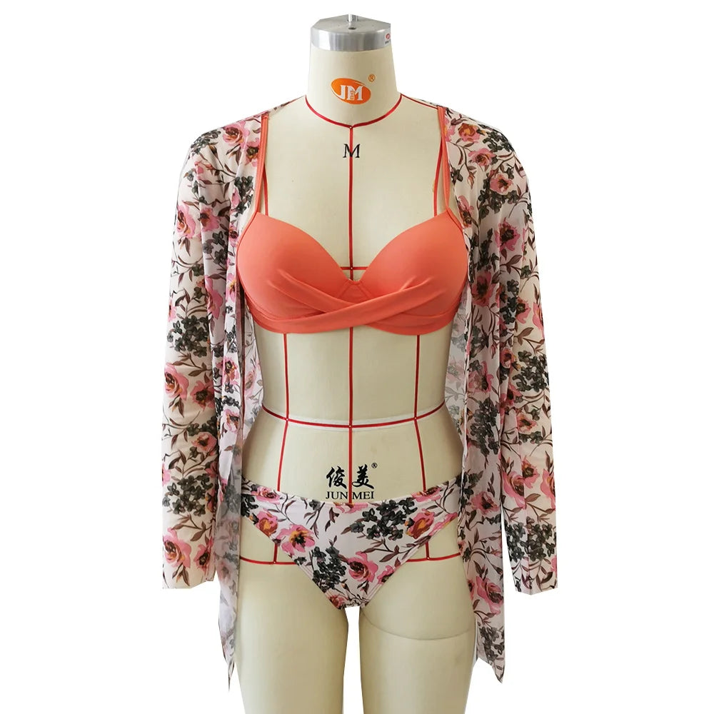 2025 Three Pieces Bikini Set Cover Up Swimwear Women Swimsuit Print Long Sleeve Push Up Bathing Suit Beachwear Swimming Biquini