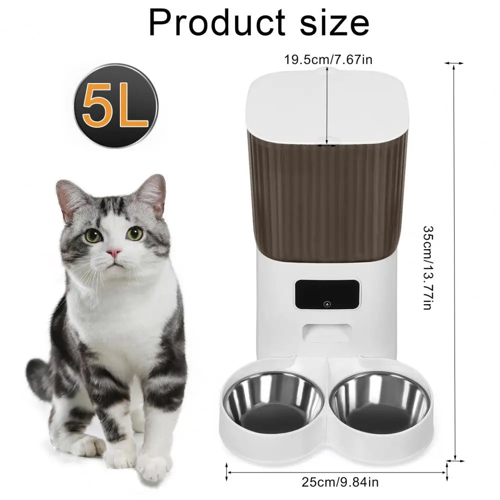 Smart Pet Feeder with Dual Bowls - 5L Transparent Storage, WiFi APP Control, Automatic Timed Dispensing for Cats & Dogs, Battery