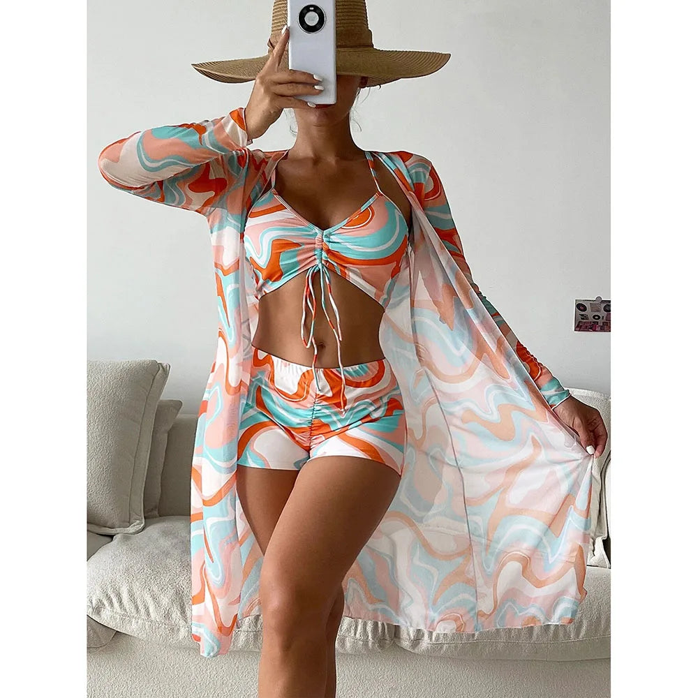 2025 Three Pieces Bikini Set Cover Up Swimwear Women Swimsuit Print Long Sleeve Push Up Bathing Suit Beachwear Swimming Biquini