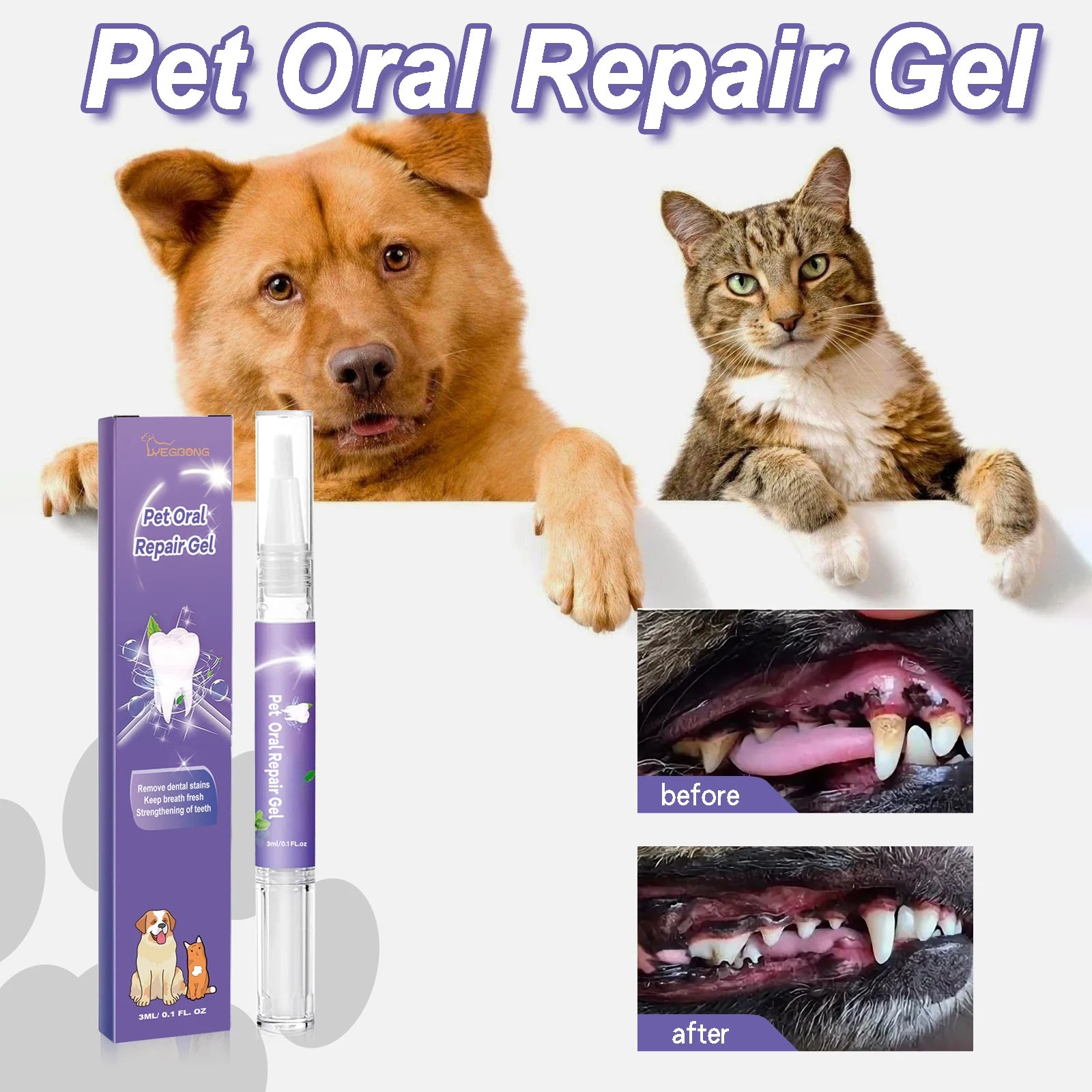 Pet Dental Care Gel for Dog Cat Teeth Cleaning Tartar Control Fresh Breath Oral Care Solution with Soda Easy Use Pen Applicator